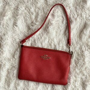 Coach Red Orange Wristlet Corner Zip Cross Grain Leather Small Wallet Cardholder
